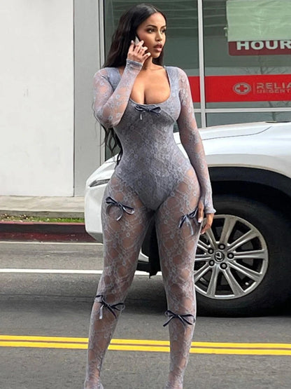 Mono sexy de malla transparente para mujer, con lazo y empalme de manga larga, ajustado, de una pieza, para fiesta y club