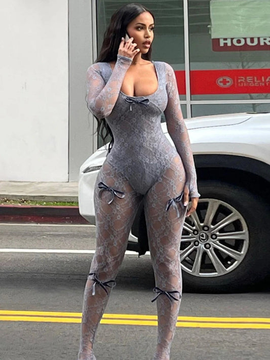 Mono sexy de malla transparente para mujer, con lazo y empalme de manga larga, ajustado, de una pieza, para fiesta y club