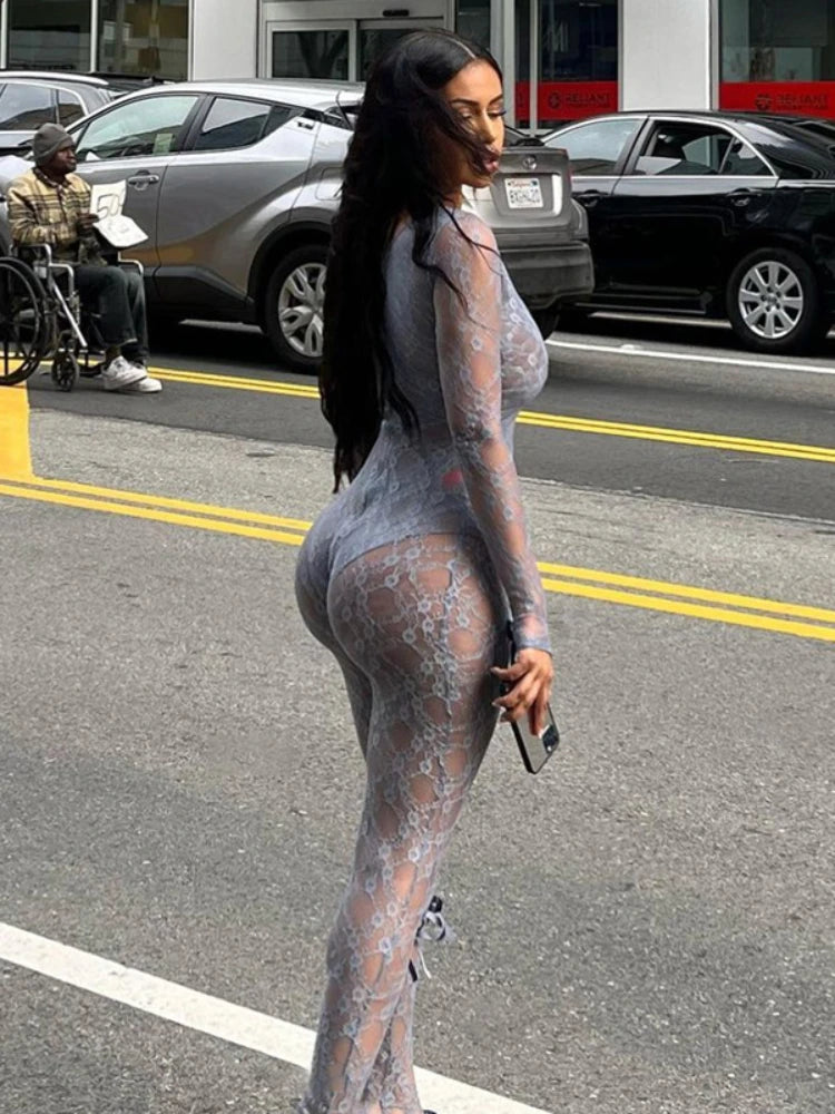 Mono sexy de malla transparente para mujer, con lazo y empalme de manga larga, ajustado, de una pieza, para fiesta y club