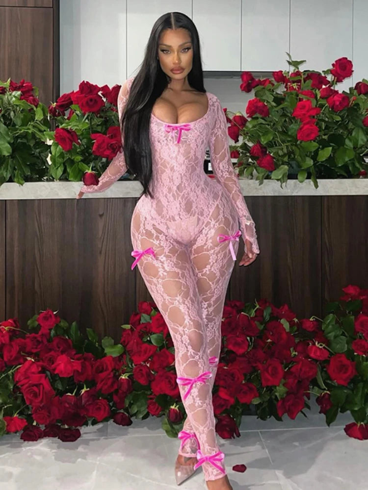 Mono sexy de malla transparente para mujer, con lazo y empalme de manga larga, ajustado, de una pieza, para fiesta y club