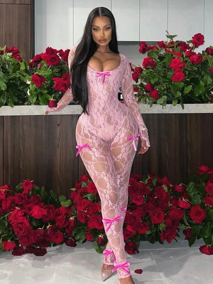 Mono sexy de malla transparente para mujer, con lazo y empalme de manga larga, ajustado, de una pieza, para fiesta y club
