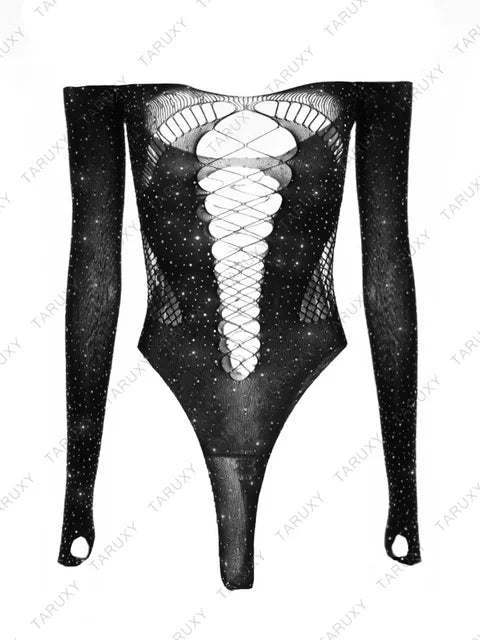 Body de malla brillante transparente para mujer, top de manga larga con diamantes de imitación, lencería sexy para fiesta y discoteca
