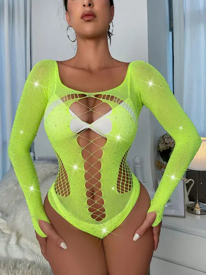 Body de malla brillante transparente para mujer, top de manga larga con diamantes de imitación, lencería sexy para fiesta y discoteca