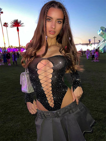 Body de malla brillante transparente para mujer, top de manga larga con diamantes de imitación, lencería sexy para fiesta y discoteca