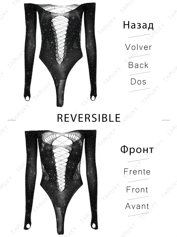 Body de malla brillante transparente para mujer, top de manga larga con diamantes de imitación, lencería sexy para fiesta y discoteca