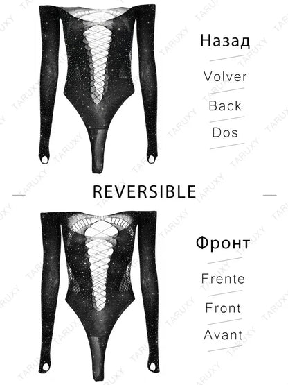 Body de malla brillante transparente para mujer, top de manga larga con diamantes de imitación, lencería sexy para fiesta y discoteca