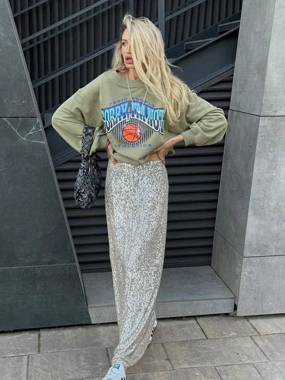 Sequin Women’s Long Skirt Elegant Fashion Glitter Maxi Skirts Female Sparkle Club Fashion High Waist Long Skirt Women New