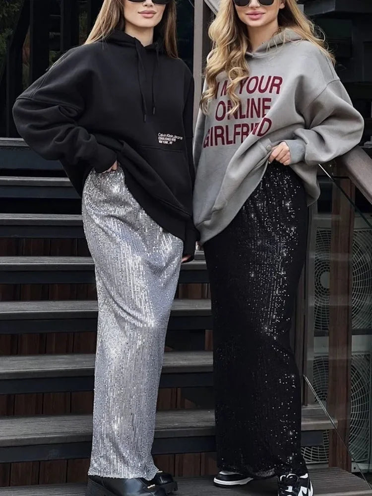 Sequin Women’s Long Skirt Elegant Fashion Glitter Maxi Skirts Female Sparkle Club Fashion High Waist Long Skirt Women New