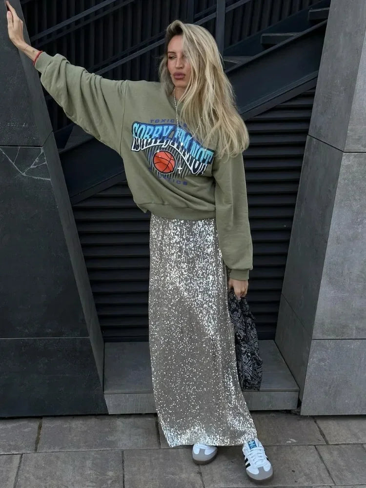 Sequin Women’s Long Skirt Elegant Fashion Glitter Maxi Skirts Female Sparkle Club Fashion High Waist Long Skirt Women New