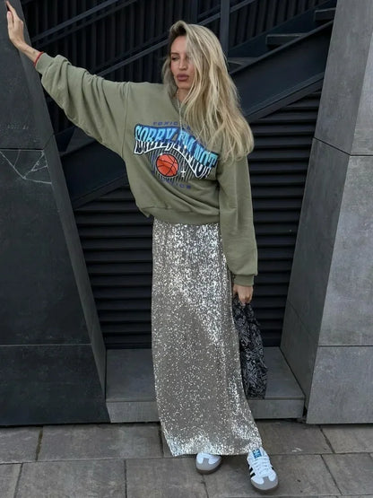 Sequin Women’s Long Skirt Elegant Fashion Glitter Maxi Skirts Female Sparkle Club Fashion High Waist Long Skirt Women New