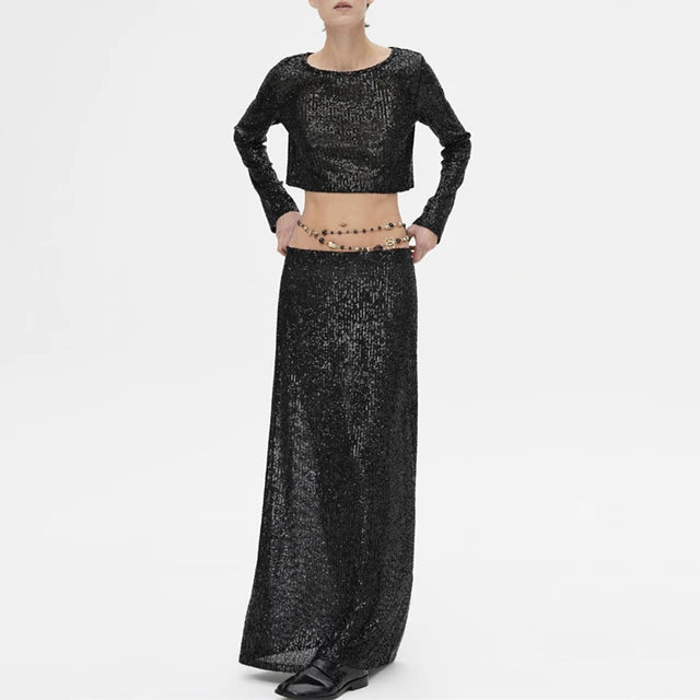 Sequins Loose Dress Sets Women Long Sleeve Crop Tops High Waist Sexy Maxi Skirts Ladies Two Piece Suits Womens Outifits
