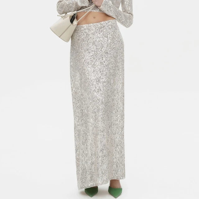 Sequins Loose Dress Sets Women Long Sleeve Crop Tops High Waist Sexy Maxi Skirts Ladies Two Piece Suits Womens Outifits