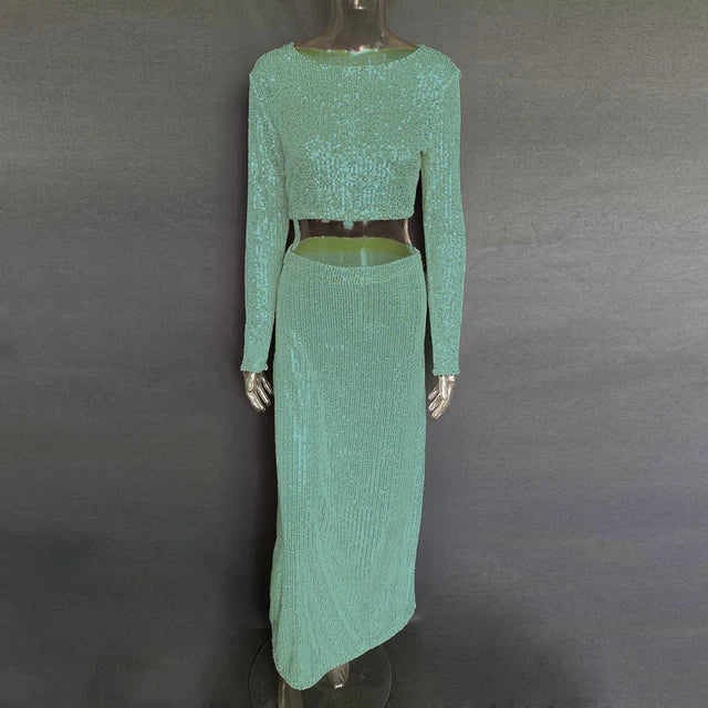 Sequins Loose Dress Sets Women Long Sleeve Crop Tops High Waist Sexy Maxi Skirts Ladies Two Piece Suits Womens Outifits