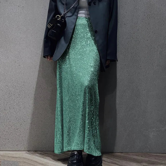 Sequins Loose Dress Sets Women Long Sleeve Crop Tops High Waist Sexy Maxi Skirts Ladies Two Piece Suits Womens Outifits