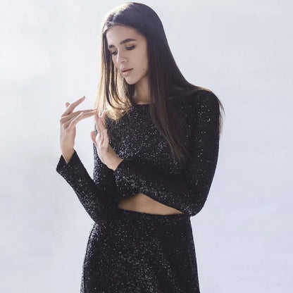 Sequins Loose Dress Sets Women Long Sleeve Crop Tops High Waist Sexy Maxi Skirts Ladies Two Piece Suits Womens Outifits