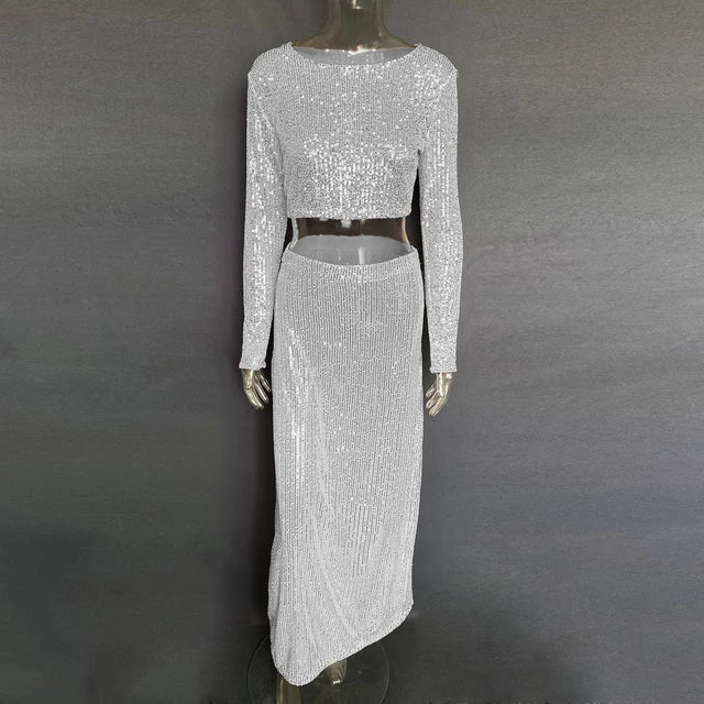 Sequins Loose Dress Sets Women Long Sleeve Crop Tops High Waist Sexy Maxi Skirts Ladies Two Piece Suits Womens Outifits