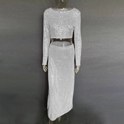 Sequins Loose Dress Sets Women Long Sleeve Crop Tops High Waist Sexy Maxi Skirts Ladies Two Piece Suits Womens Outifits