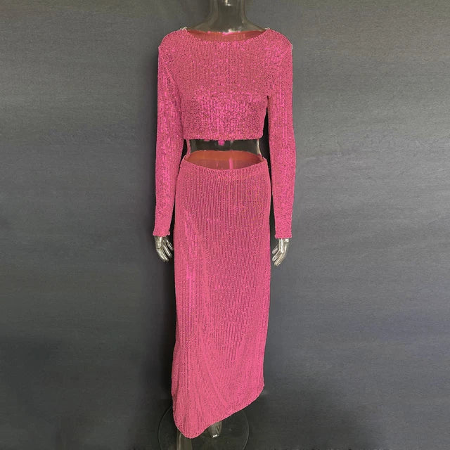 Sequins Loose Dress Sets Women Long Sleeve Crop Tops High Waist Sexy Maxi Skirts Ladies Two Piece Suits Womens Outifits