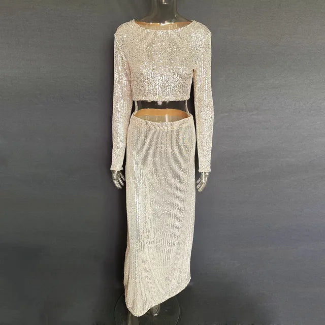 Sequins Loose Dress Sets Women Long Sleeve Crop Tops High Waist Sexy Maxi Skirts Ladies Two Piece Suits Womens Outifits