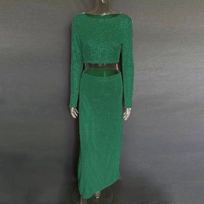 Sequins Loose Dress Sets Women Long Sleeve Crop Tops High Waist Sexy Maxi Skirts Ladies Two Piece Suits Womens Outifits