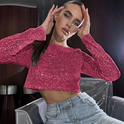 Sequins Loose Dress Sets Women Long Sleeve Crop Tops High Waist Sexy Maxi Skirts Ladies Two Piece Suits Womens Outifits