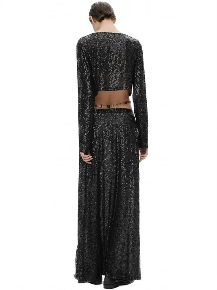 Sequins Loose Dress Sets Women Long Sleeve Crop Tops High Waist Sexy Maxi Skirts Ladies Two Piece Suits Womens Outifits