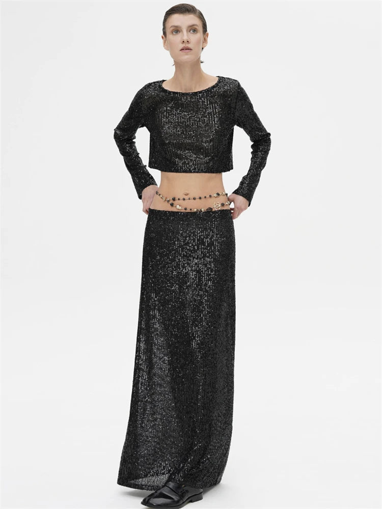 Sequins Loose Dress Sets Women Long Sleeve Crop Tops High Waist Sexy Maxi Skirts Ladies Two Piece Suits Womens Outifits
