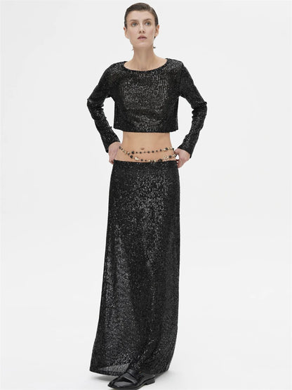 Sequins Loose Dress Sets Women Long Sleeve Crop Tops High Waist Sexy Maxi Skirts Ladies Two Piece Suits Womens Outifits