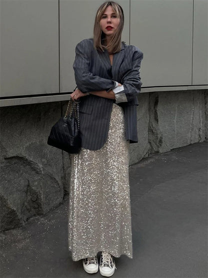 Sequins Loose Dress Sets Women Long Sleeve Crop Tops High Waist Sexy Maxi Skirts Ladies Two Piece Suits Womens Outifits