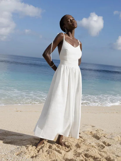Sexy Backless Beach Dress For Women V Neck Splice Folds Long Dresses Womens Party Elegant Bandage Maxi Sundress Female
