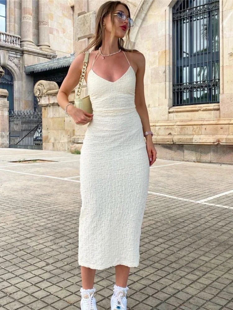 Vestido sexy sin espalda para mujer, escote en V profundo, sin mangas, con cordones, ajustado, con abertura y vendaje para mujer