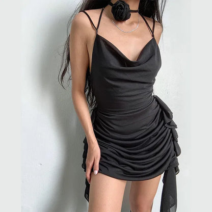 Vestido sexy sin espalda para mujer, con volantes, pliegues, liso, ajustado, minivestido de fiesta para mujer, sexy, con escote en V y cordones.