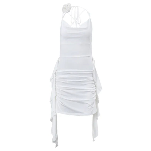 Vestido sexy sin espalda para mujer, con volantes, pliegues, liso, ajustado, minivestido de fiesta para mujer, sexy, con escote en V y cordones.
