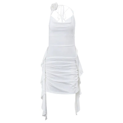 Vestido sexy sin espalda para mujer, con volantes, pliegues, liso, ajustado, minivestido de fiesta para mujer, sexy, con escote en V y cordones.