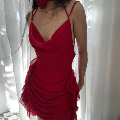 Vestido sexy sin espalda para mujer, con volantes, pliegues, liso, ajustado, minivestido de fiesta para mujer, sexy, con escote en V y cordones.