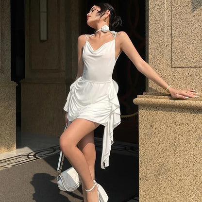 Vestido sexy sin espalda para mujer, con volantes, pliegues, liso, ajustado, minivestido de fiesta para mujer, sexy, con escote en V y cordones.