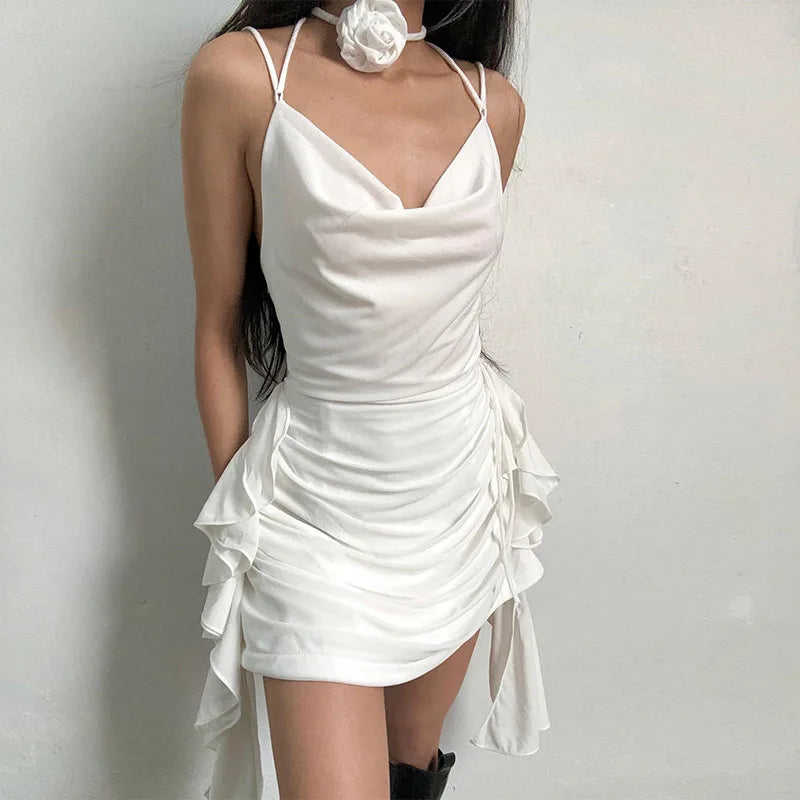 Vestido sexy sin espalda para mujer, con volantes, pliegues, liso, ajustado, minivestido de fiesta para mujer, sexy, con escote en V y cordones.