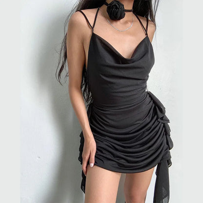 Vestido sexy sin espalda para mujer, con volantes, pliegues, liso, ajustado, minivestido de fiesta para mujer, sexy, con escote en V y cordones.