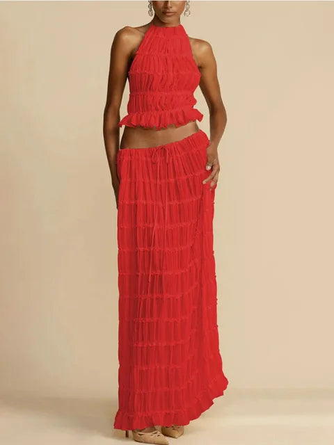 Traje de falda larga con encaje plisado, tirantes y cuello halter, sexy, sin espalda, para mujer, con empalme de malla, liso, para fiesta en la playa de verano.