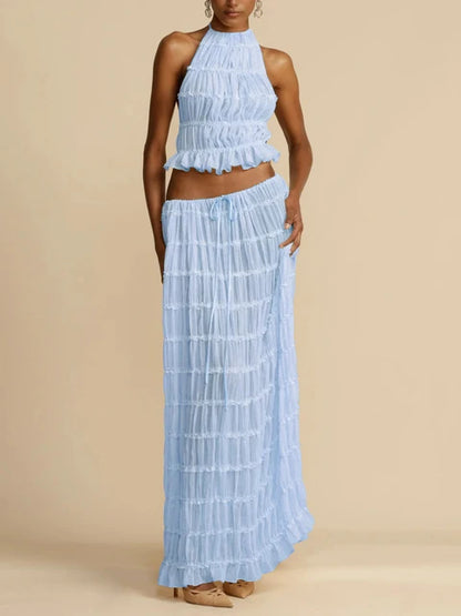 Traje de falda larga con encaje plisado, tirantes y cuello halter, sexy, sin espalda, para mujer, con empalme de malla, liso, para fiesta en la playa de verano.