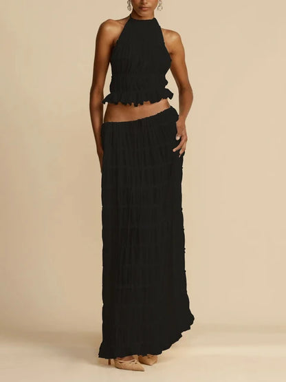 Traje de falda larga con encaje plisado, tirantes y cuello halter, sexy, sin espalda, para mujer, con empalme de malla, liso, para fiesta en la playa de verano.