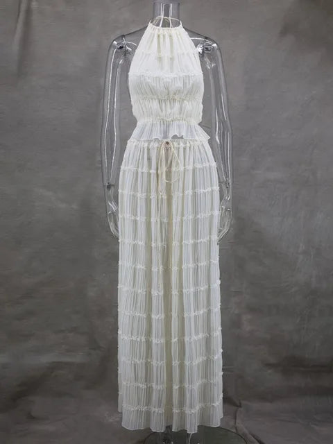 Traje de falda larga con encaje plisado, tirantes y cuello halter, sexy, sin espalda, para mujer, con empalme de malla, liso, para fiesta en la playa de verano.