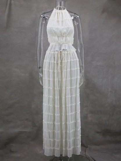Traje de falda larga con encaje plisado, tirantes y cuello halter, sexy, sin espalda, para mujer, con empalme de malla, liso, para fiesta en la playa de verano.