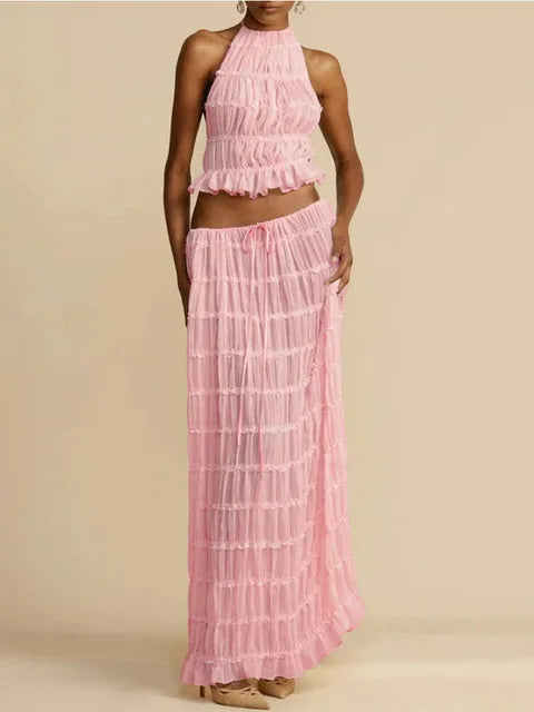 Traje de falda larga con encaje plisado, tirantes y cuello halter, sexy, sin espalda, para mujer, con empalme de malla, liso, para fiesta en la playa de verano.