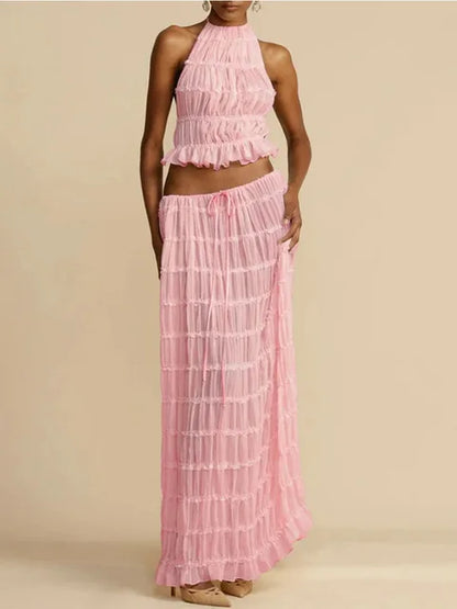 Traje de falda larga con encaje plisado, tirantes y cuello halter, sexy, sin espalda, para mujer, con empalme de malla, liso, para fiesta en la playa de verano.