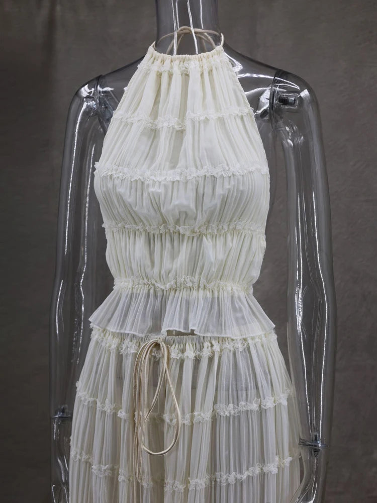 Traje de falda larga con encaje plisado, tirantes y cuello halter, sexy, sin espalda, para mujer, con empalme de malla, liso, para fiesta en la playa de verano.