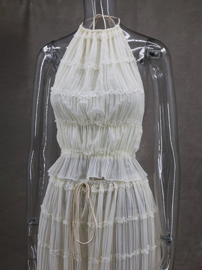 Traje de falda larga con encaje plisado, tirantes y cuello halter, sexy, sin espalda, para mujer, con empalme de malla, liso, para fiesta en la playa de verano.