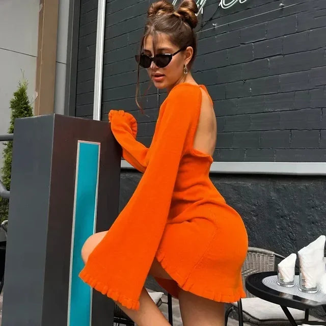 Vestido mini de punto sexy sin espalda para mujer, con cordones, manga larga, liso, corto, de cintura alta