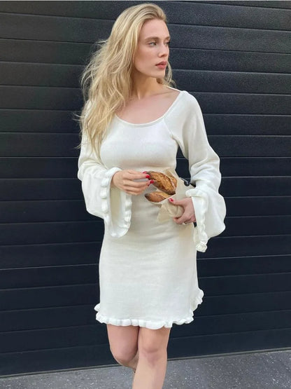 Vestido mini de punto sexy sin espalda para mujer, con cordones, manga larga, liso, corto, de cintura alta