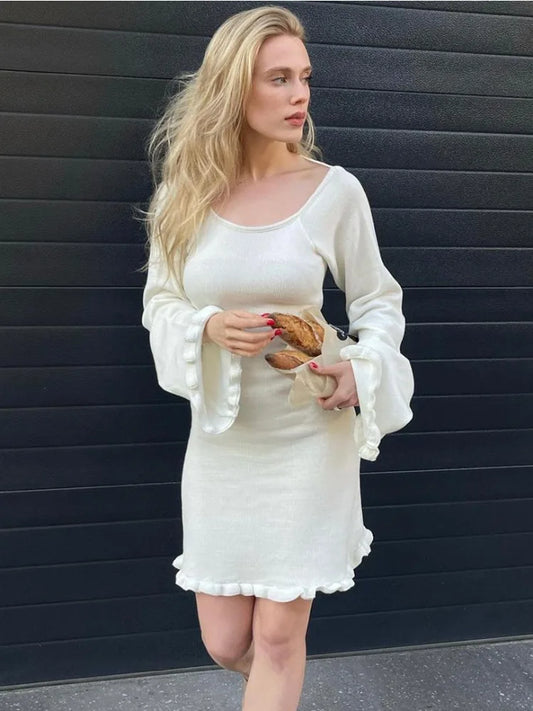 Vestido mini de punto sexy sin espalda para mujer, con cordones, manga larga, liso, corto, de cintura alta